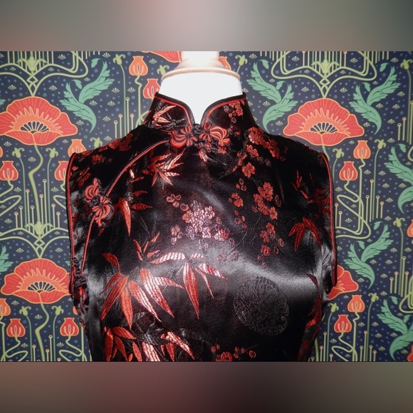 Vintage 90's Style Y2K Qipao Cheongsam Chinese Black Red Satin Dress - Picture 2 of 5